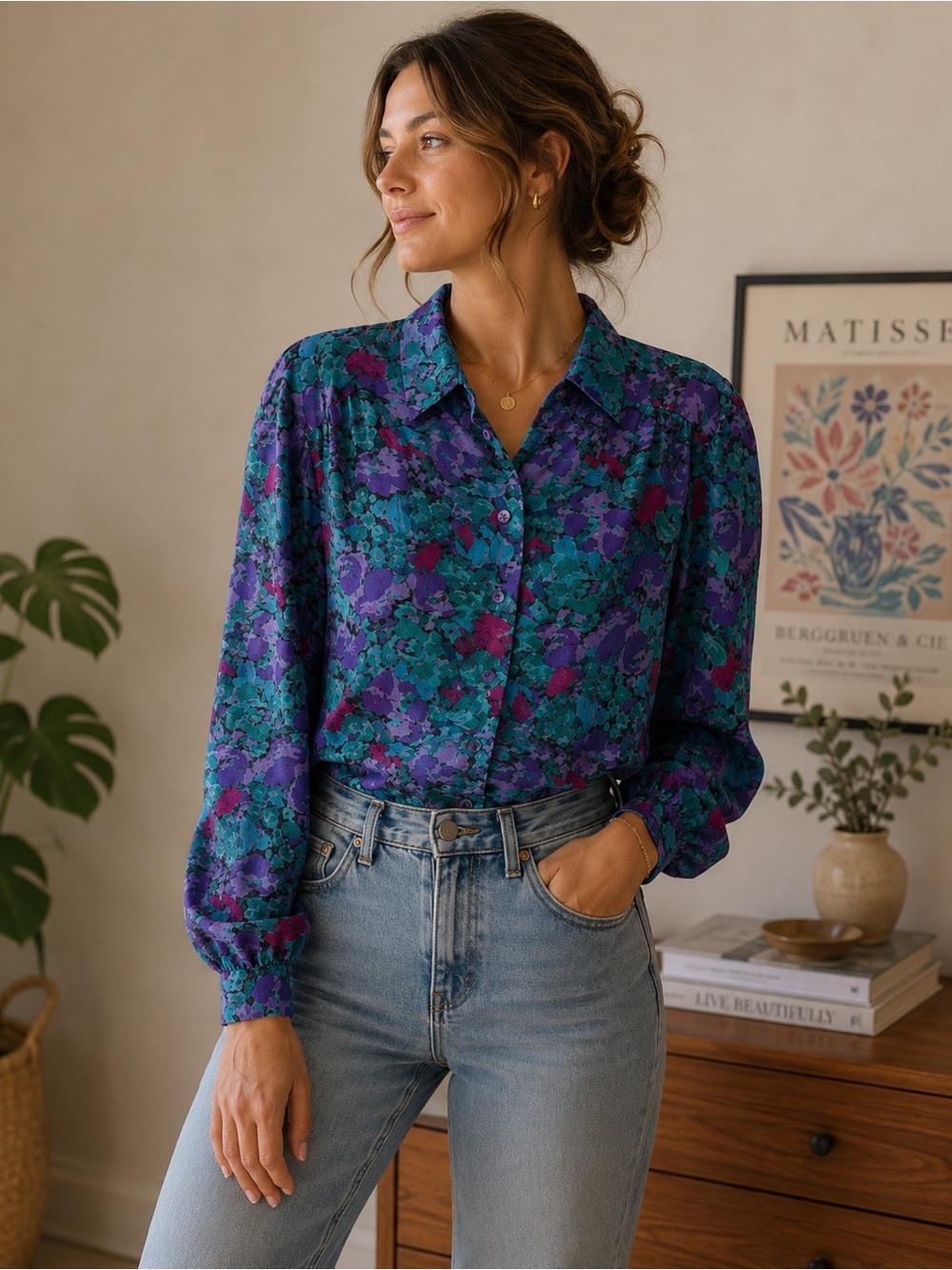 Vintage D’Allaird’s 80s 90s Floral Women's Blouse Teal, Purple, and Pink Size 16